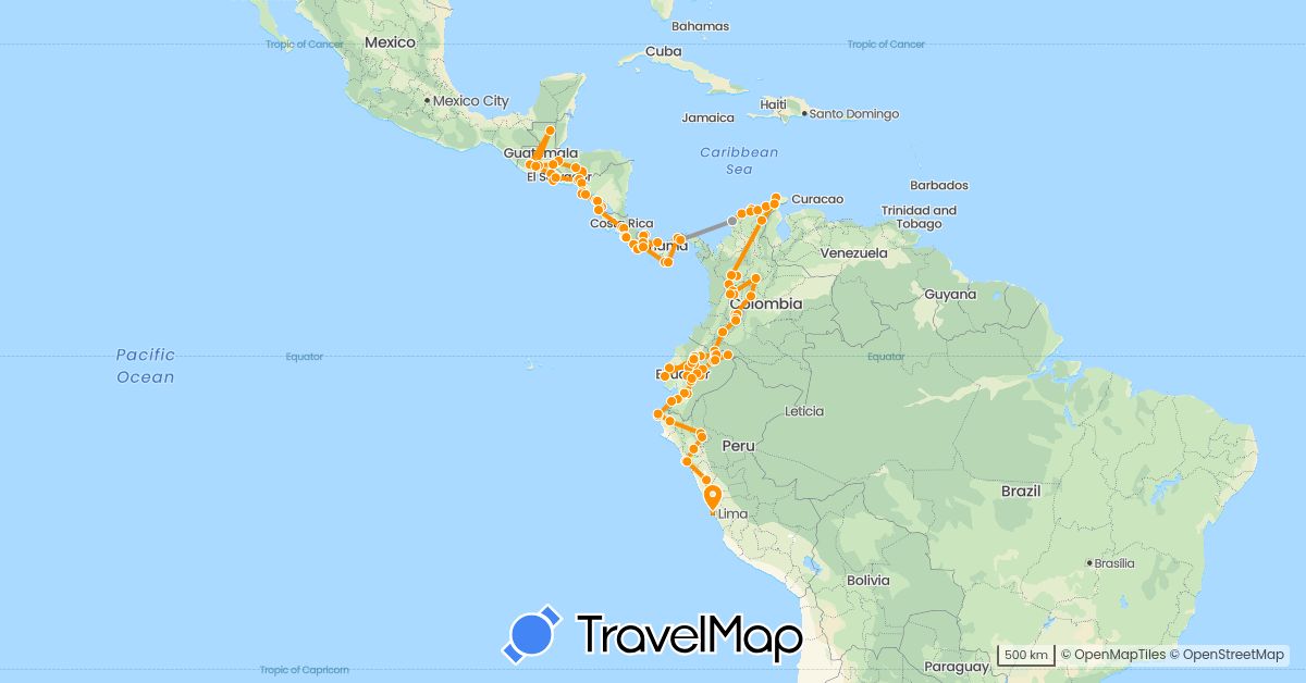TravelMap itinerary: driving, plane, hitchhiking in Colombia, Costa Rica, Ecuador, Guatemala, Honduras, Nicaragua, Panama, Peru, El Salvador (North America, South America)